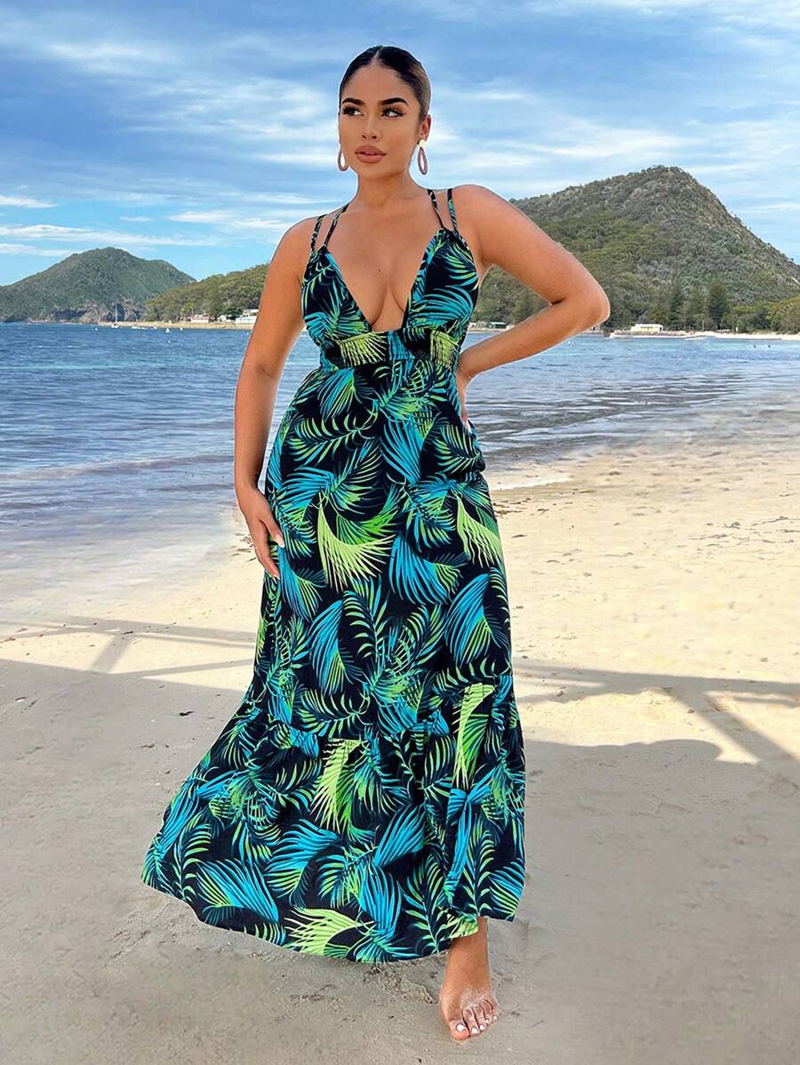 SHEIN SXY 海灘女裝波西米亞風夏季長款洋裝,飄逸寬松 - 綠色 - 查看 1