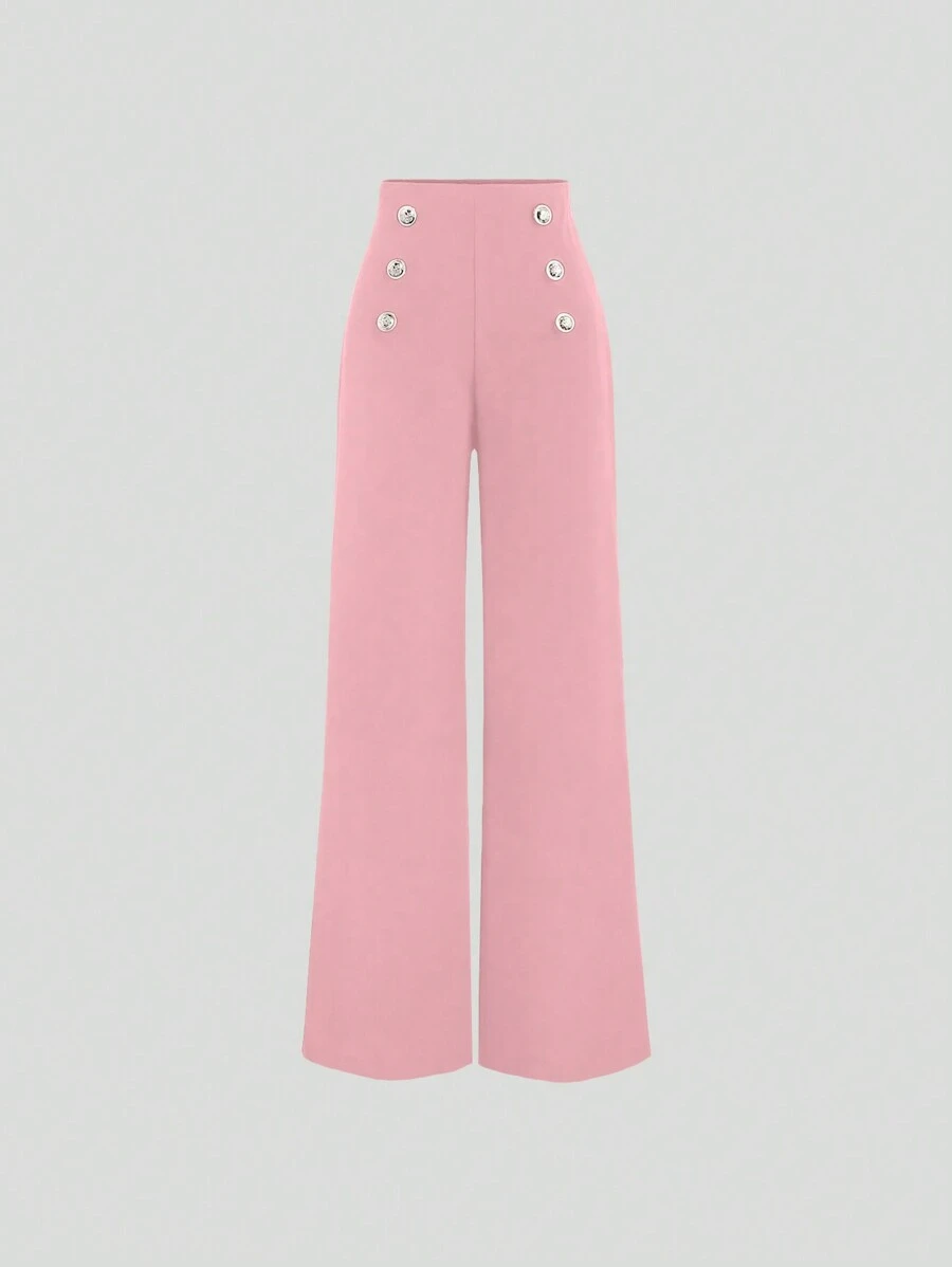 Sweetra Women's Wide Leg Pants With Button Decoration - Pink - View 1