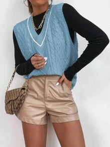 SHEIN LUNE Màu thuần Xoắn Áo len dệt kim Áo vest - Màu xanh nhạt - Xem 1