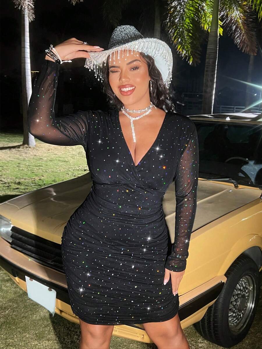 Flirla Plus Size Deep V Neck Mesh Contrast Ruffle Dress - Black - View 1