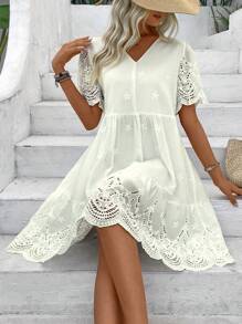 Breezaya Women's Burnout Flower Embroidery Ruffle Hem Doll Dress Vacation Beach Outfit