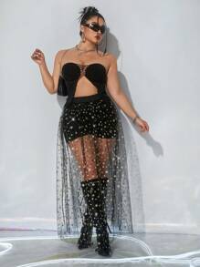 SHEIN ICON 加大碼彈性腰帶亮片網紗長裙,半裏布 - 黑色 - 查看 3