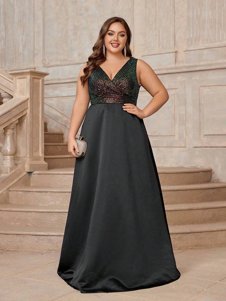 SHEIN Belle Robe De Soirée Élégante Grande Taille De Ligne A Et À Paillettes Colorées - Multicolore - Voir 1