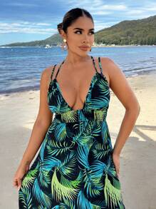 SHEIN SXY 海灘女裝波西米亞風夏季長款洋裝,飄逸寬松 - 綠色 - 查看 4