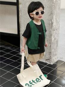 SHEIN 2pcs/Set Young Boy Outfit, Japanese Style Colored Sleeveless Vest And Knee-Length Shorts With Pockets - Multicolor - View 4