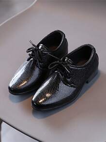Children's Snake Skin Pattern Flat Shoes For Boys, Pointed Toe Leather Party Black Shoes - Black - View 3