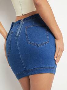 Denimoi Asymmetric Overlay Mini Bodycon Denim Skirt - Medium Wash - View 2