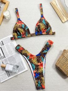 SHEIN Swim Leopard & Plant Print Two Pieces Bikini Set, Summer Beach - Multicolor - View 4