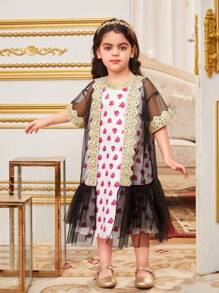 SHEIN Leap Crew 少女2入組鬆身可愛圓領長裙和有刺繡及撬花的網紗外套 - 彩色 - 查看 3