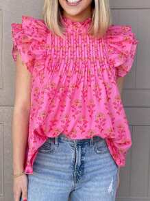 Women's Rose Red Floral Print Cap Sleeve Ruffle Trim High Neck Vacation Blouse Pink Summer - Pink - View 5
