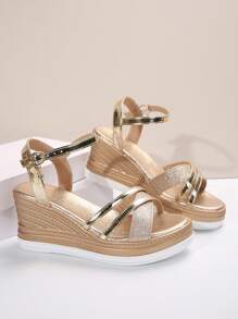 歐美風格大尺碼女香檳色交叉帶厚底坡跟拖鞋,閃亮露趾厚底,休閒時尚戶外沙灘夏季穿著