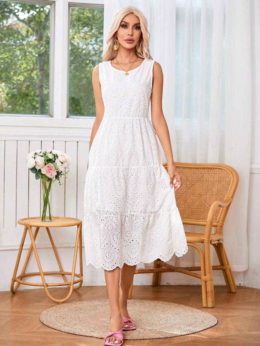 SHEIN VCAY Xu hướng: Cắt giảm Thêu Xù Hoa Sen Váy không tay - trắng - Xem 1