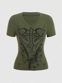 ROMWE Fairycore Cross & Wings Rhinestone Print Tee, School - Army Green - View 1