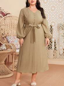 Mulvari Plus Size Solid Color Lantern Sleeve Dress - Khaki - View 1