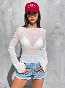 SHEIN EZwear 女款純色透明網紗喇叭袖上衣 - 白色 - 查看 4