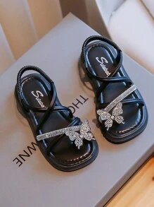 兒童平底涼鞋,舒適輕盈時尚少女涼鞋,設有蝴蝶裝飾 - 黑色 - 查看 2