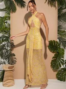 L'Amorae Halter Corset Draped Print Dress