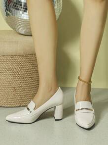 Women's Pointed Toe Thick Heel Deep Vamp Shoes With Gold Trim In Color - Beige - View 4