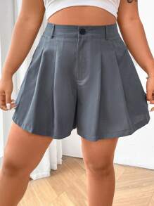 Flirla Plus Size Solid Color Folded Pleated Shorts - Grey - View 6