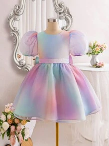 SHEIN Vestido De Princesa De Fantasía Para Chicas Adolescentes Con Mangas Abullonadas Decoradas Con Lazos, Estampado Degradado Y Detalles De Malla En La Espalda En Forma De V - Multicolor - Ver 2