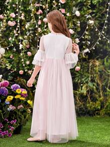 SHEIN Summer Elegant And Stylish Lace Patchwork Dress With 3d Flower Decoration For Tween Girls - White - View 2