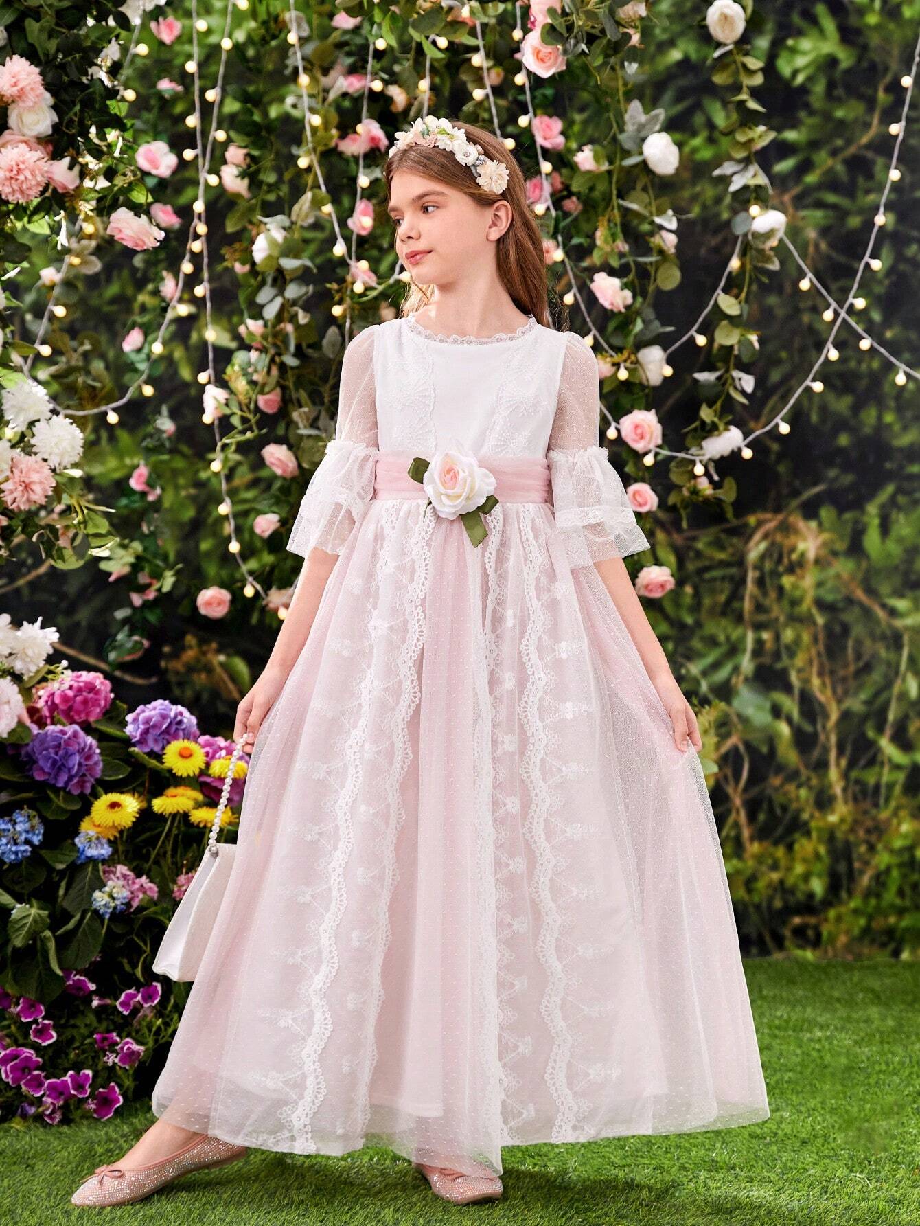 SHEIN Robe D'?�t?� ??l?�gante Et Chic En Patchwork De Dentelle Avec D?�coration De Fleurs En 3d Pour 