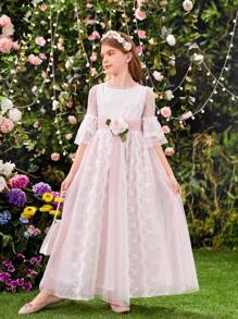 SHEIN Summer Elegant And Stylish Lace Patchwork Dress With 3d Flower Decoration For Tween Girls - White - View 6