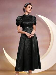 Modelyn Jacquard Stand Collar A-Line Casual Dress With Cinching Waist