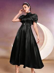 Modelyn Jacquard Stand Collar A-Line Casual Dress With Cinching Waist