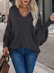 EMERY ROSE 純色v領蝙蝠袖毛衣
