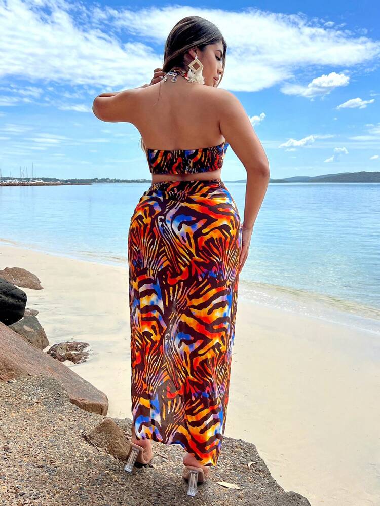Summer Vacation Beach Two-Piece Set  Leopard Print Animal Print Fringed Shell  High Slit