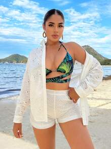 SHEIN SXY 夏季假期海灘白色上衣,鑽孔空心設計 - 白色 - 查看 1