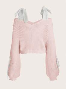 ROMWE Kawaii Cold Shoulder Cable Knit Jumper - Pink - View 2