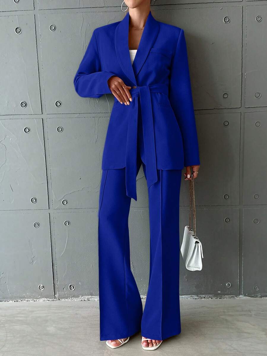 EURMUSE Của phụ nữ Màu thuần Bộ đồ Với Thắt lưng Áo khoác Và Quần - Màu xanh lam - Xem 1