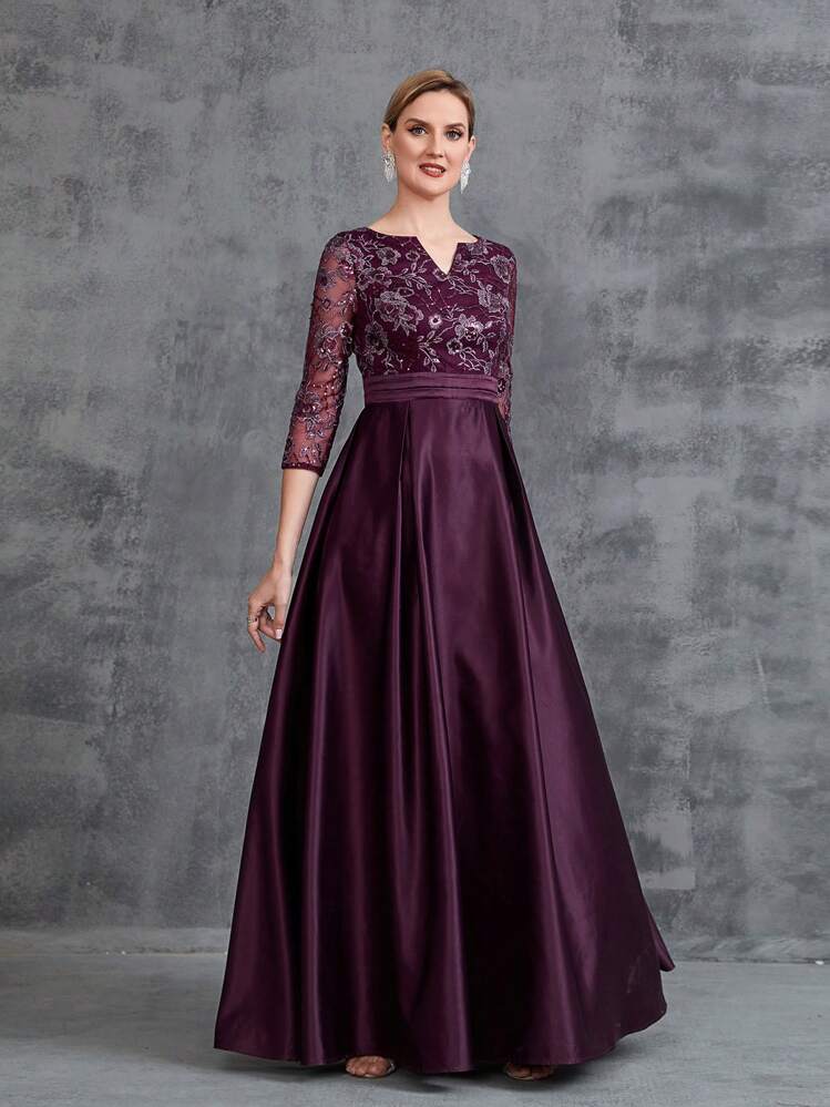 Faeriesty Este vestido de invitada de boda de la marca Mosy con escote en V, mangas 3/4 y falda evasé presenta un corpiño de encaje y una falda de satén, adecuado para bodas, ceremonias formales, banquetes, galas y eventos de iglesia. Elegante primaveral - Rojo violeta - Añade 4