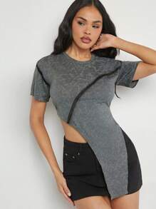 Hauture 不对称水洗短袖上衣，时尚适合夏季 - 灰色 - 查看 1