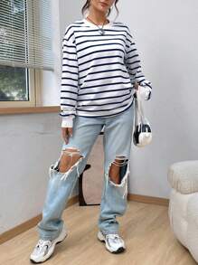 SHEIN EZwear 圆领条纹卫衣毕业装、返校服、毕业典礼、女士教师服、秋冬返校装 - 藍白色 - 查看 3