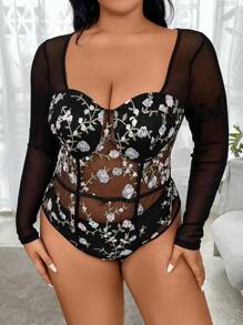 SHEIN LUNE 大码女式花卉刺绣网眼心形领紧身衣 - 黑色 - 查看 4