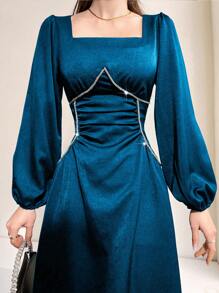 Modelyn Jewel Neck A-Line Dress With Lantern Sleeve And Rhinestone Decorated Waist Maxi Women Outfit - Teal Blue - View 1