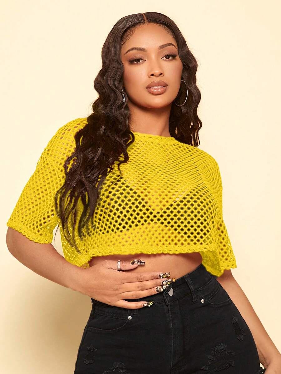 SHEIN SXY Solid Color Hollow Out Round Neck Loose Short Sleeve Top - Yellow - View 1