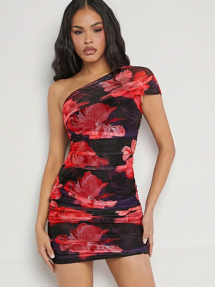 Floral One Shoulder Foldover Dress