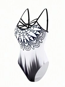 SHEIN Swim Trajes De Baño De Una Pieza Para Mujeres Con Estampado Gráfico Y Tirantes Cruzados, Para Verano, Playa, Vacaciones, Viajes, Festivales, Piscina Y Surf