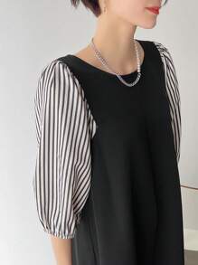 FRIFUL 女士條紋拼接中長款連衣裙 - 黑色 - 查看 7