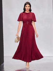 Modelyn 勃艮第红色女士圆领荷叶边短袖褶皱下摆连衣裙，优雅晚会礼服长款晚礼服