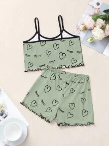 青少女極簡風格心形和睫毛印花背心上裝和短褲,帶對比縫邊,休閑2件套家居服裝 - 綠色 - 查看 2