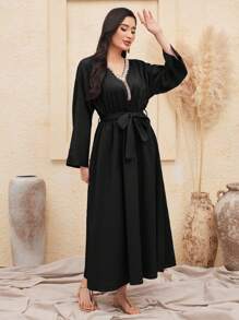 Al Najma Dress With Rhinestone Decorations On The Flared Sleeves - Black - View 6