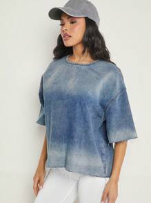 Denimoi 渐变色落肩毛边牛仔上衣 - 彩色 - 查看 3