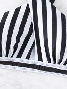 SHEIN Swim Áo bikini sọc ngang có dây buộc ngang đi biển mùa hè - Đen và trắng - Xem 5