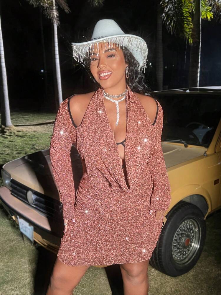 Plus Size Women's Glittery Cut-Out Long Sleeve Dress Fall Cloth For Women