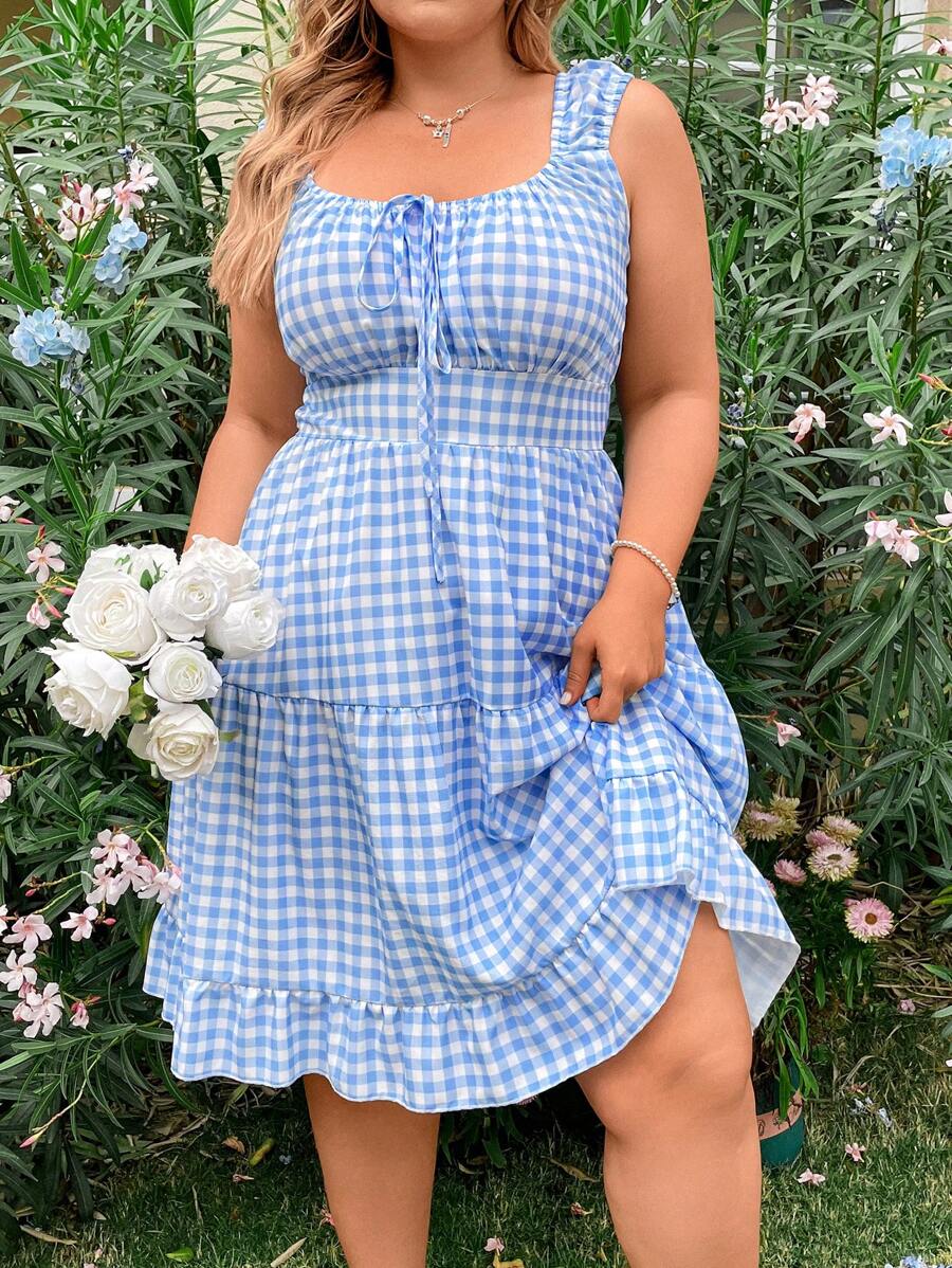 Flirla Plus Size Women's Plaid Sleeveless Dress With Front Tie - Blue - View 1